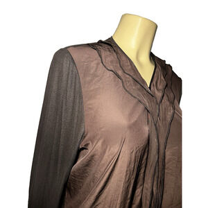 Lola & Sophie Womens Zip Up Top Silk Blend Ruffled Long Sleeve Brown XL